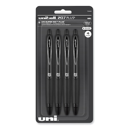 Uni-Ball Gel Pen 207 Plus+, Retractable, Medium 0.7 mm, Black Ink, Black Barrel, 4PK 70460